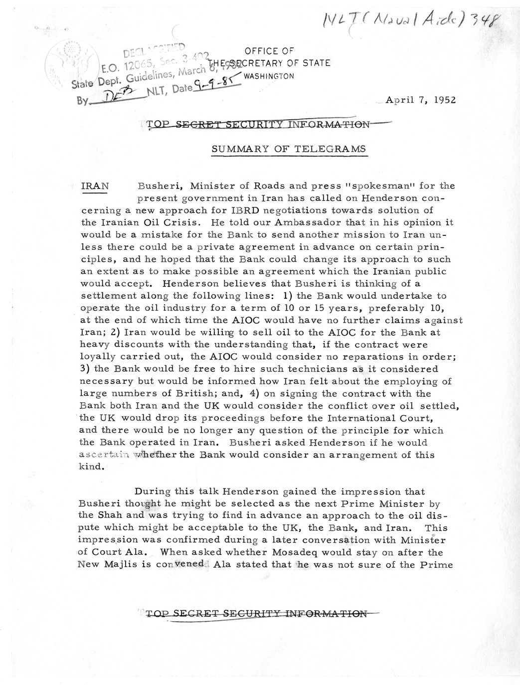 Memorandum, State Department Summary of Telegrams