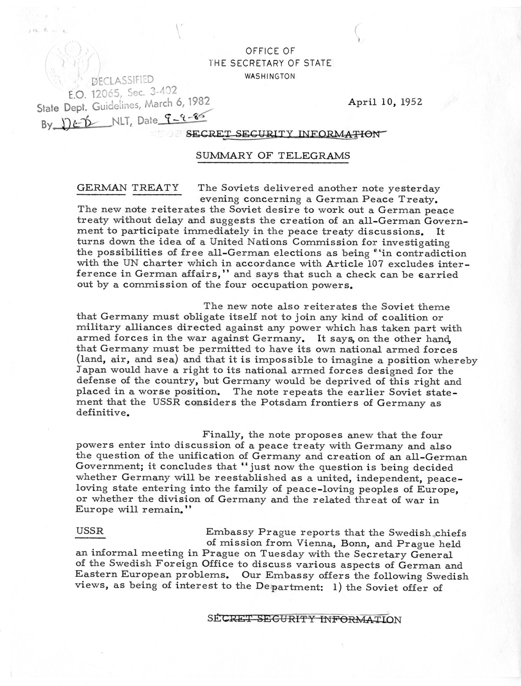 Memorandum, State Department Summary of Telegrams