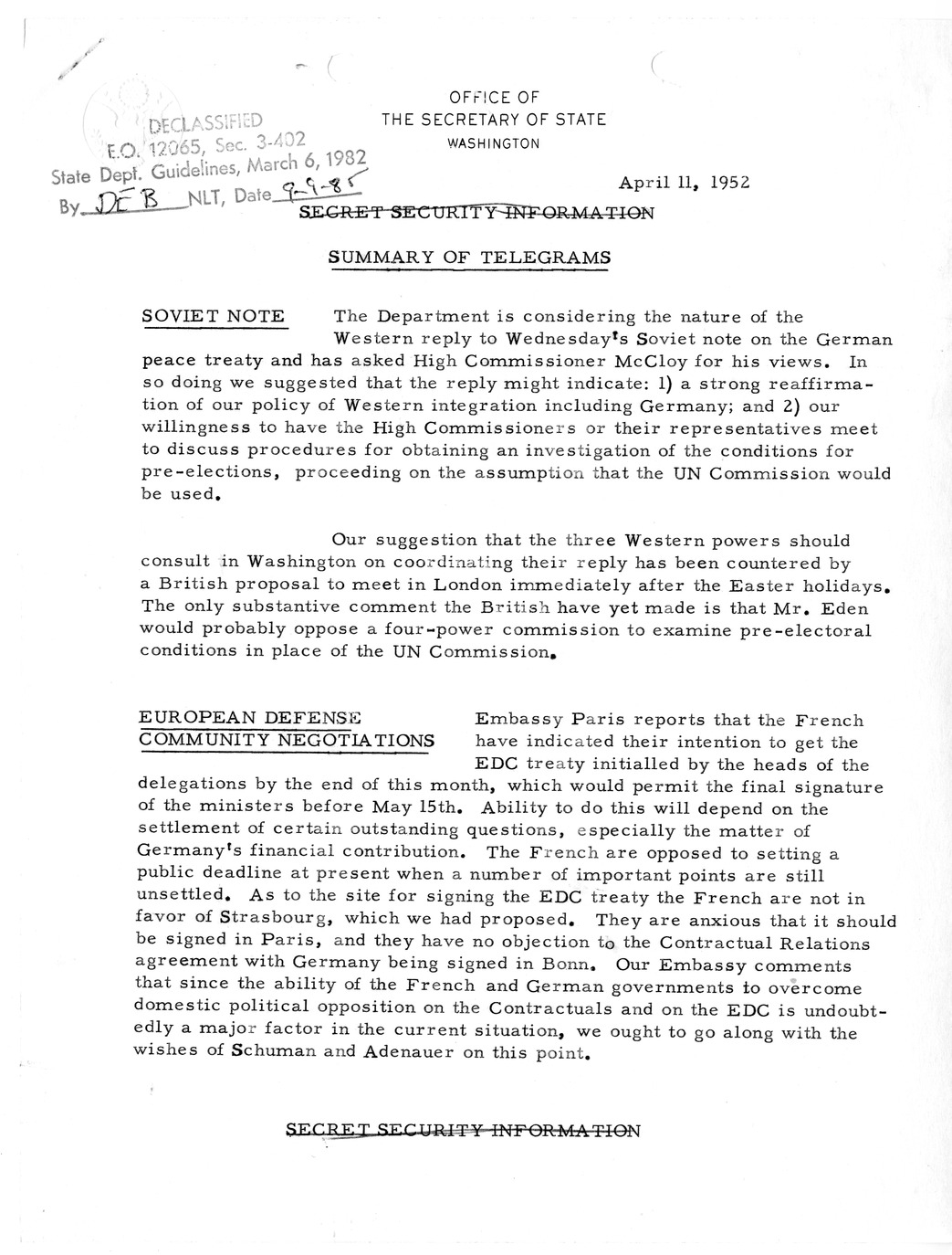 Memorandum, State Department Summary of Telegrams