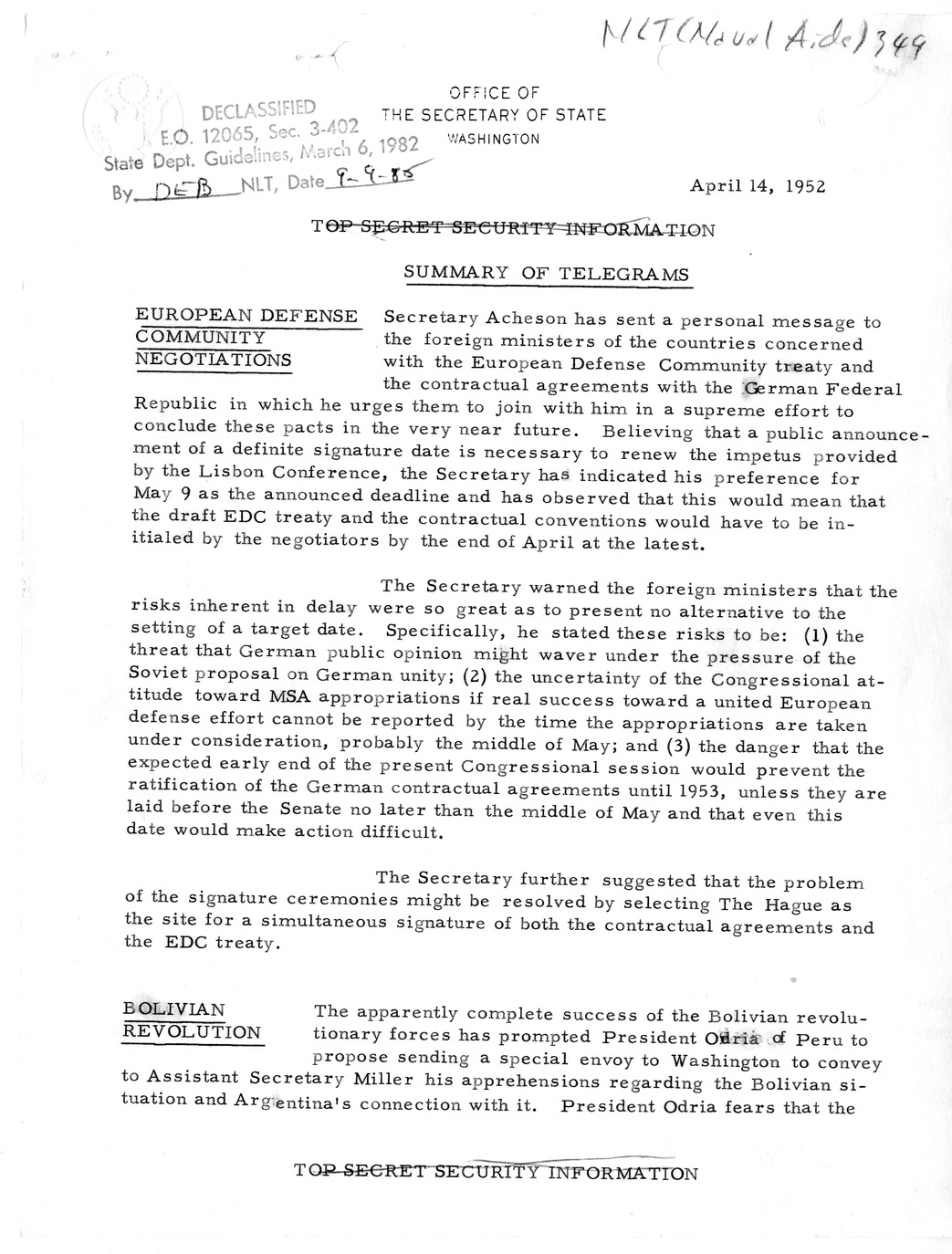 Memorandum, State Department Summary of Telegrams