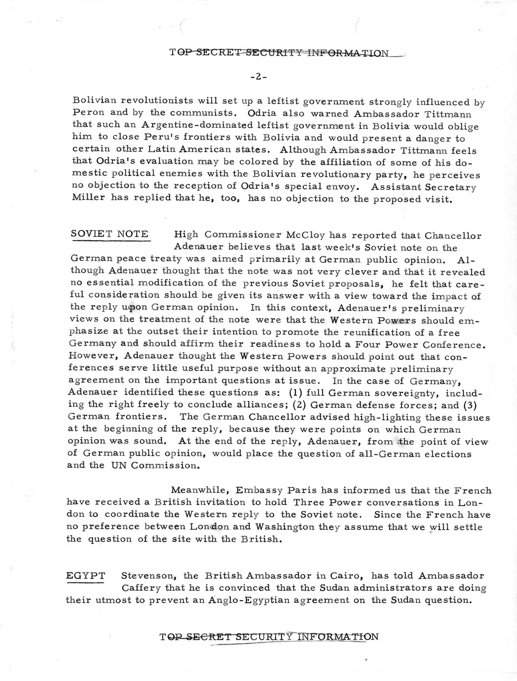 Memorandum, State Department Summary of Telegrams