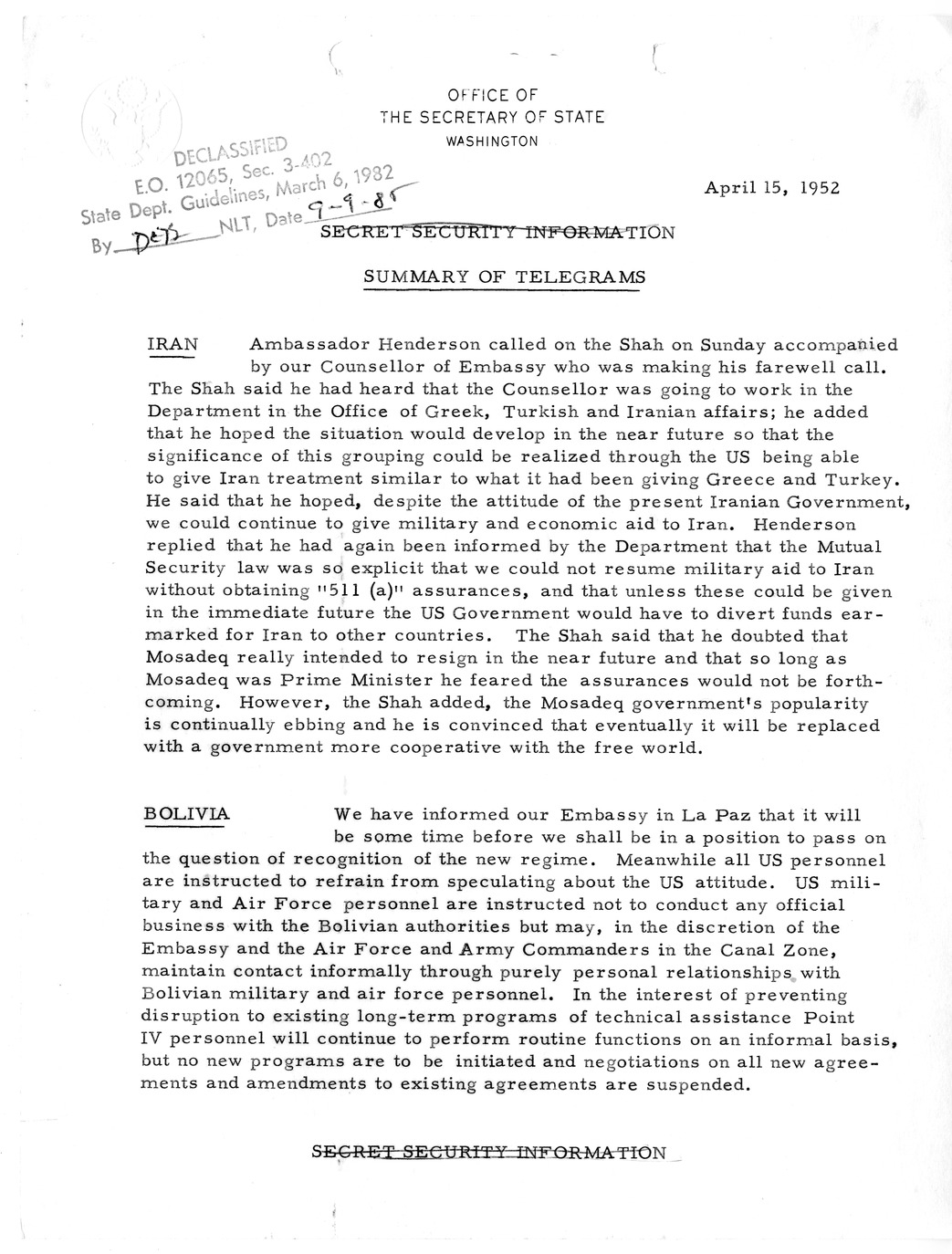 Memorandum, State Department Summary of Telegrams