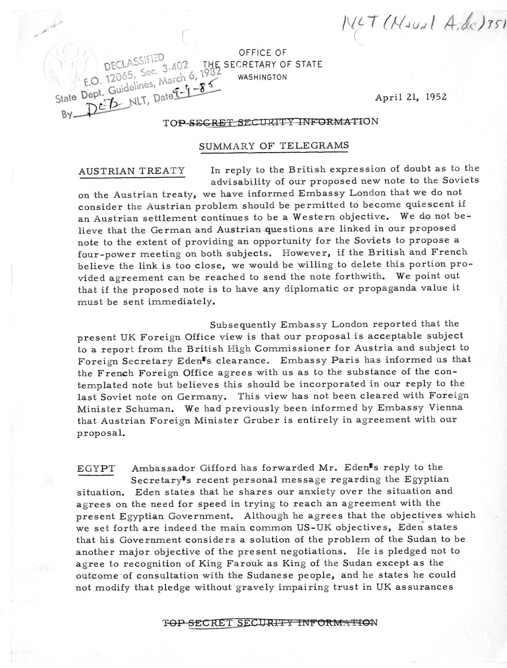 Memorandum, State Department Summary of Telegrams