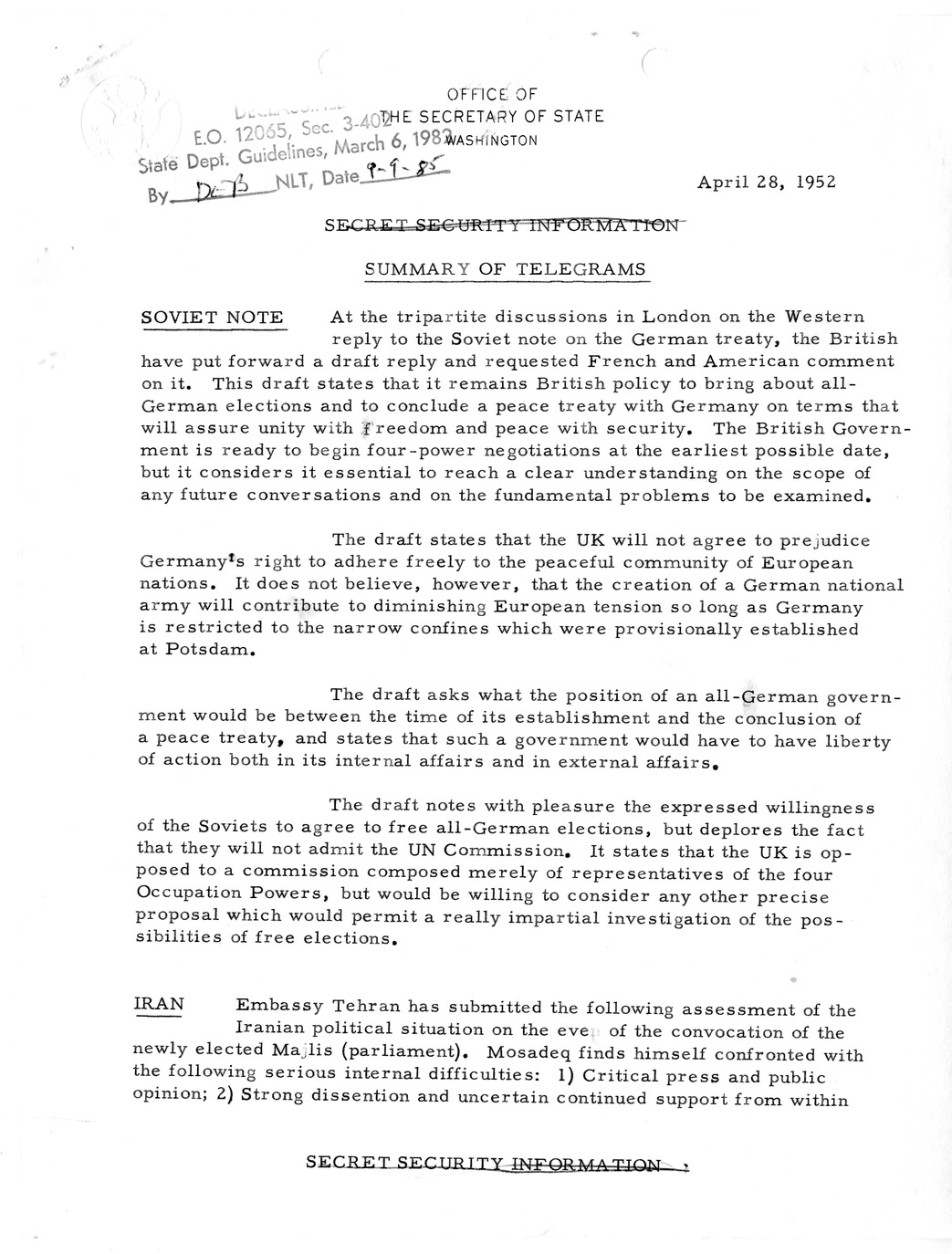 Memorandum, State Department Summary of Telegrams