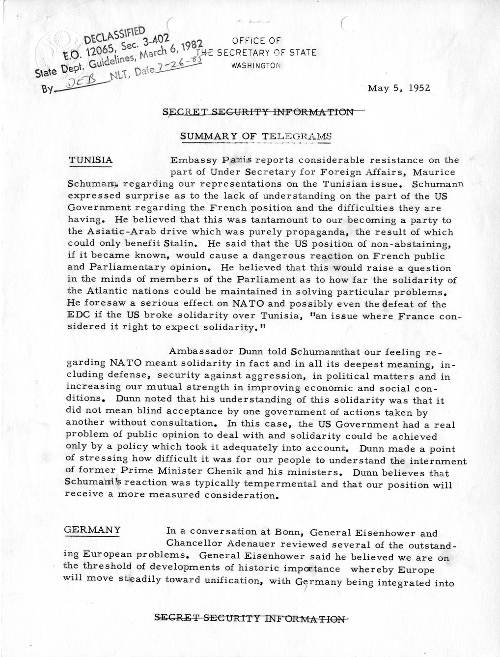 Memorandum, State Department Summary of Telegrams