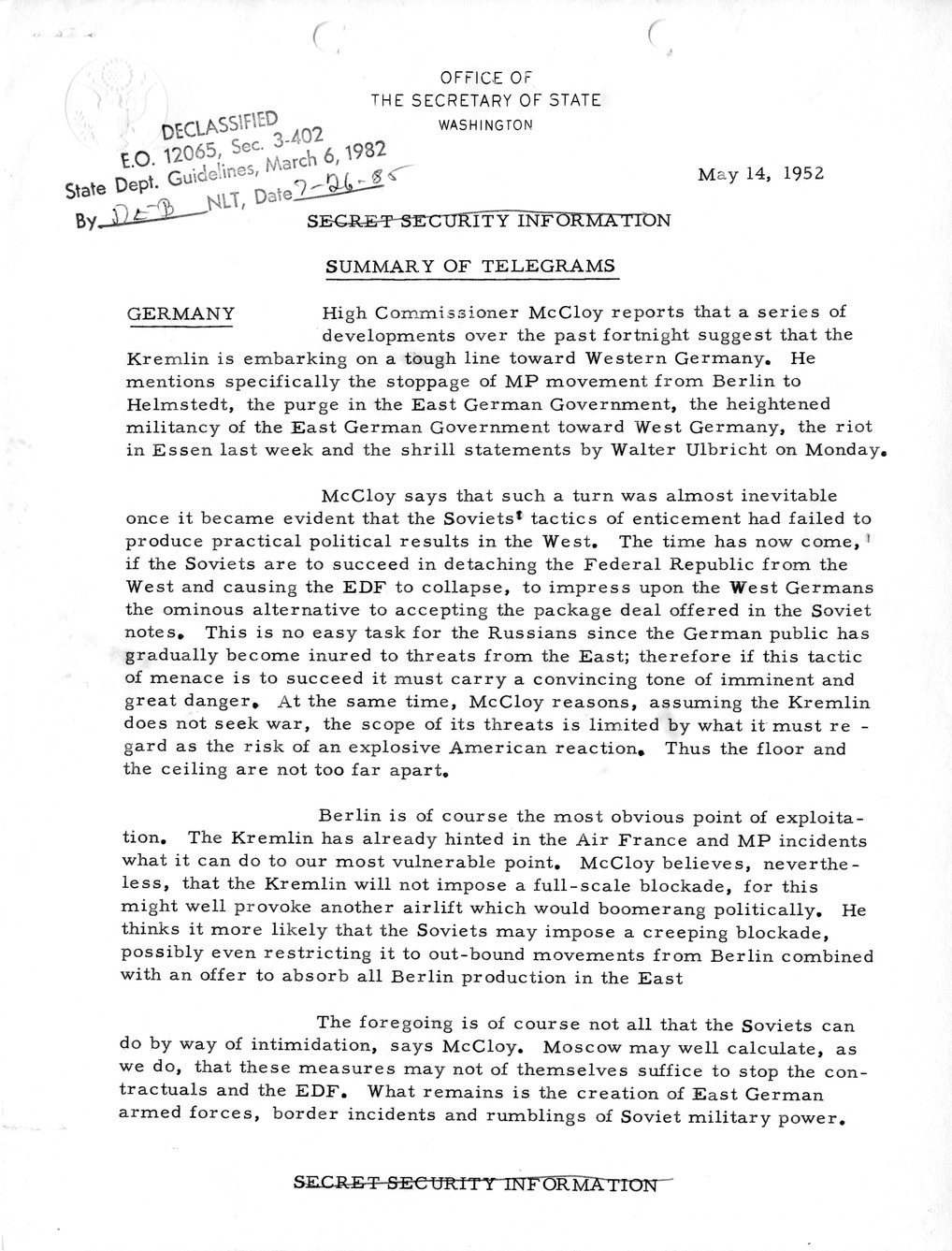 Memorandum, State Department Summary of Telegrams