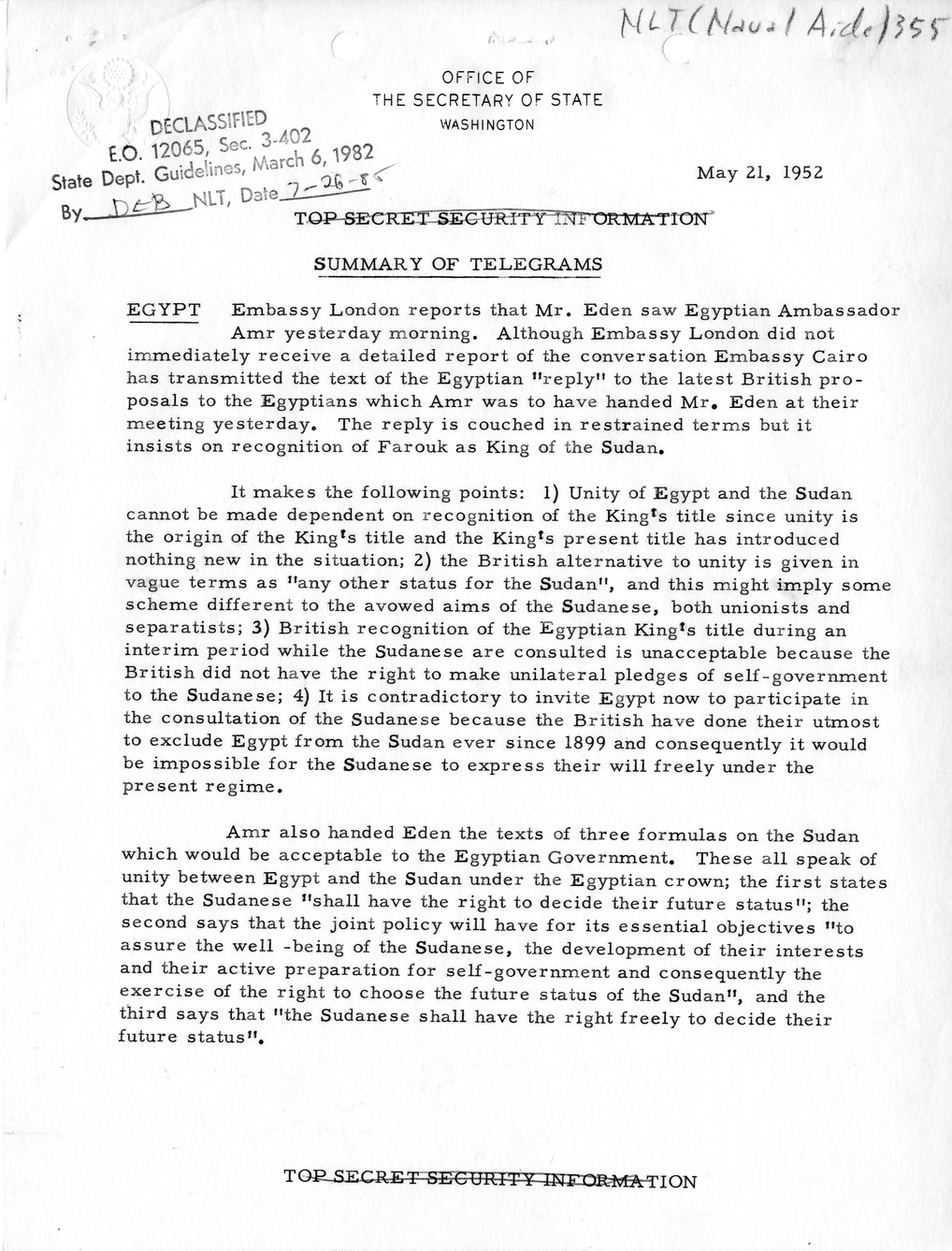 Memorandum, State Department Summary of Telegrams