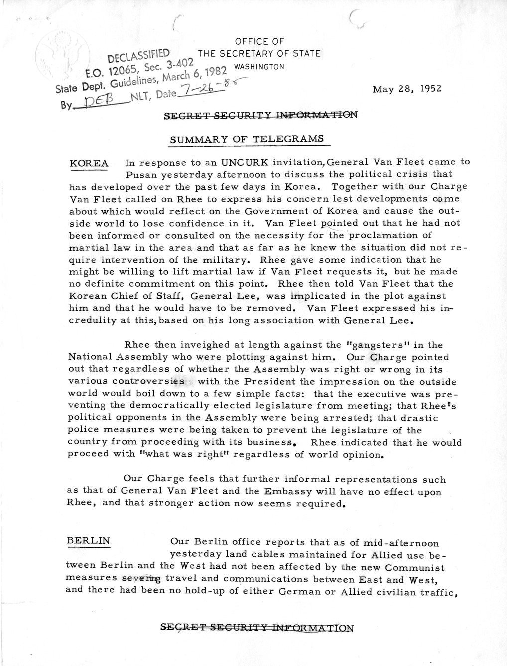 Memorandum, State Department Summary of Telegrams