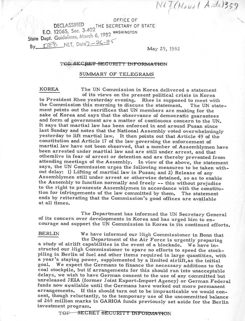 Memorandum, State Department Summary of Telegrams