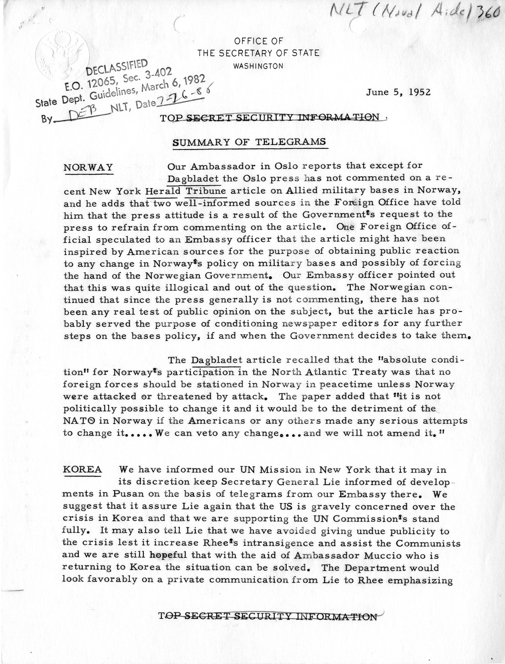 Memorandum, State Department Summary of Telegrams