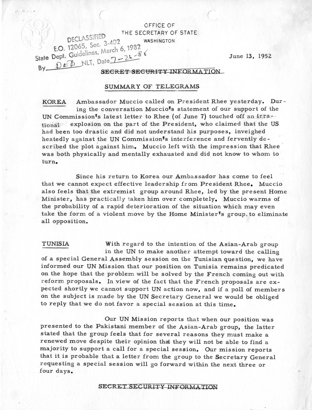 Memorandum, State Department Summary of Telegrams