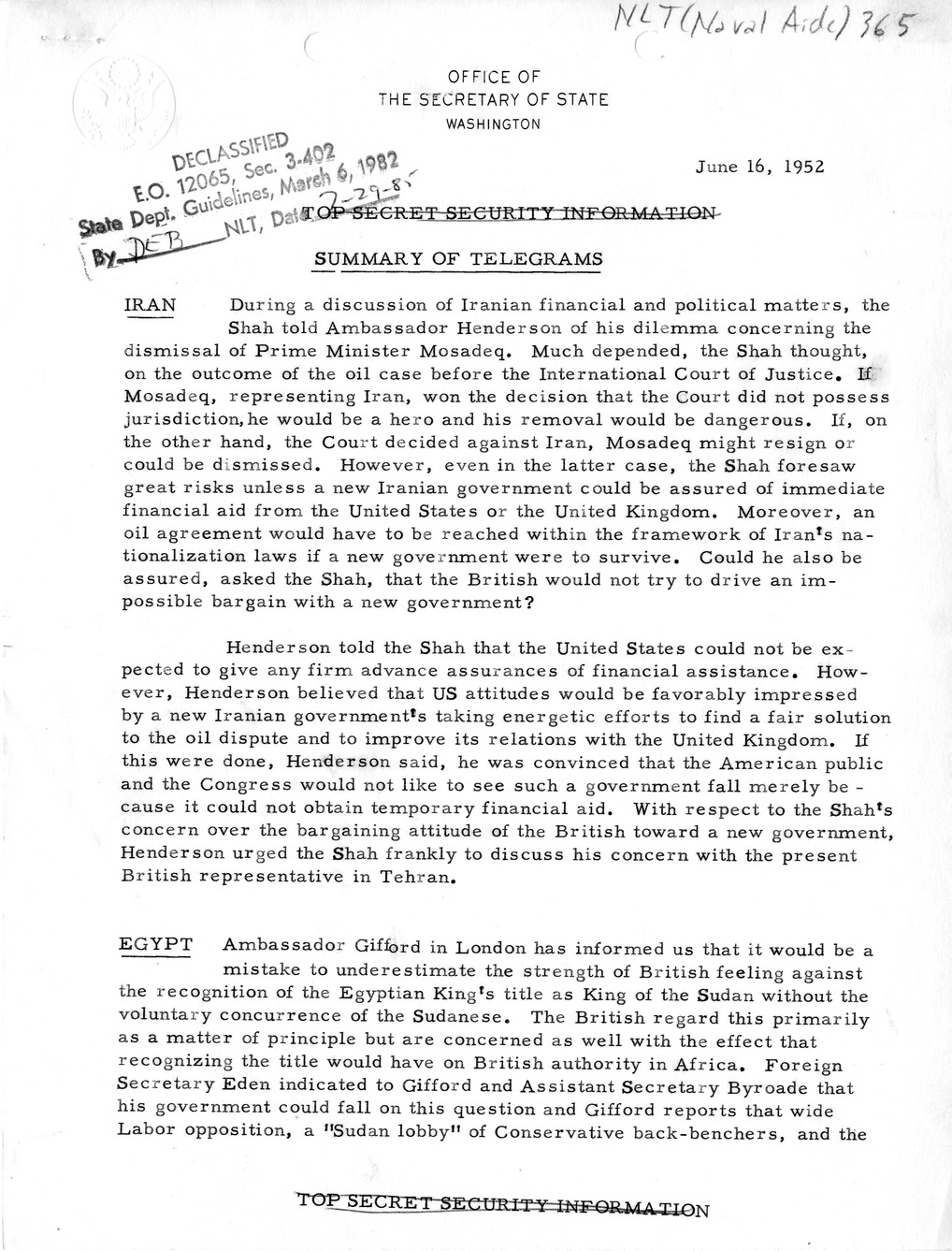 Memorandum, State Department Summary of Telegrams