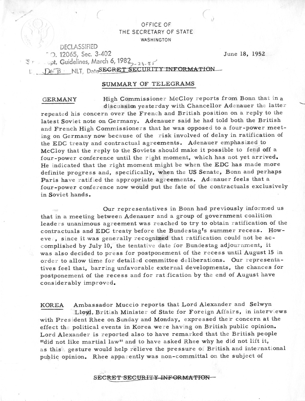 Memorandum, Department of State Summary of Telegrams