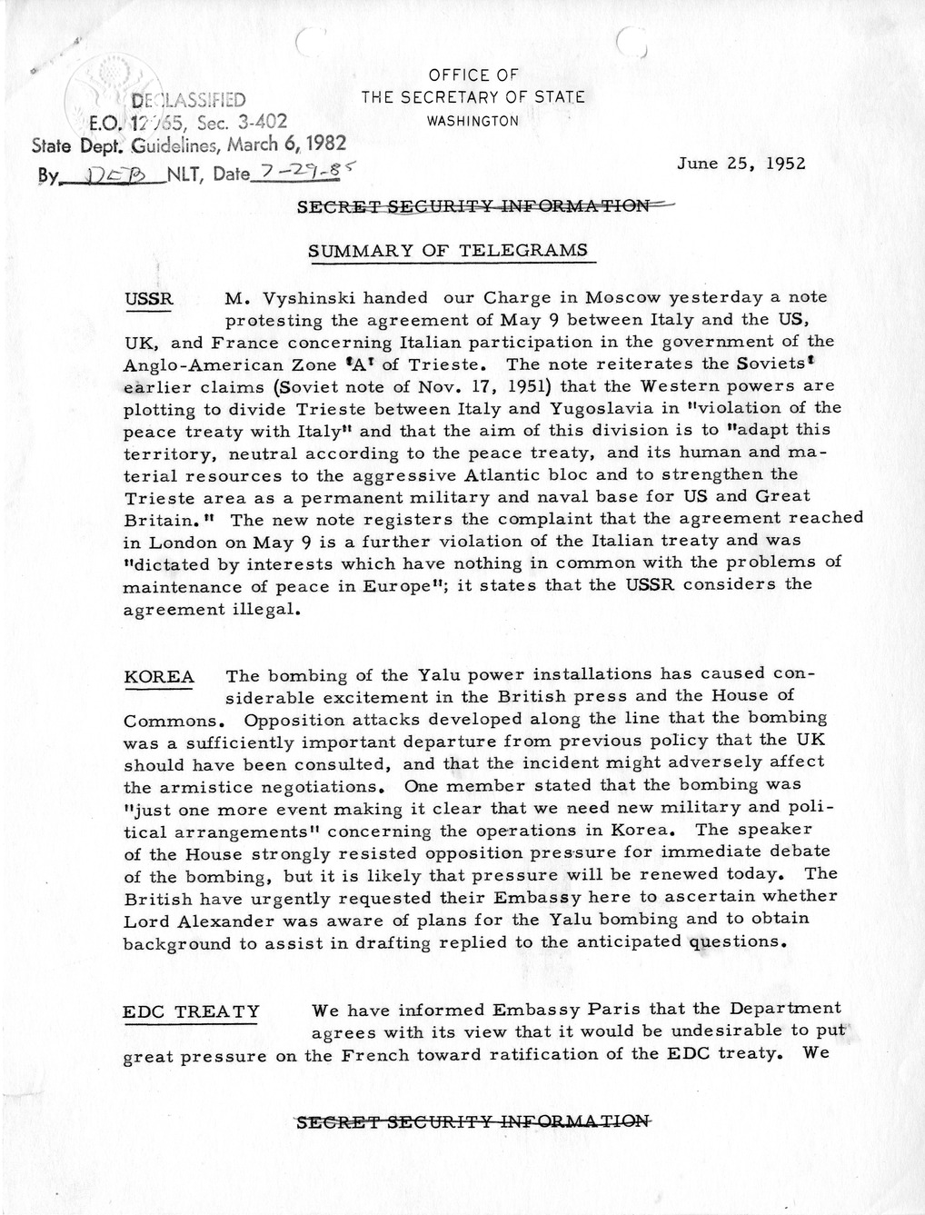 Memorandum, State Department Summary of Telegrams