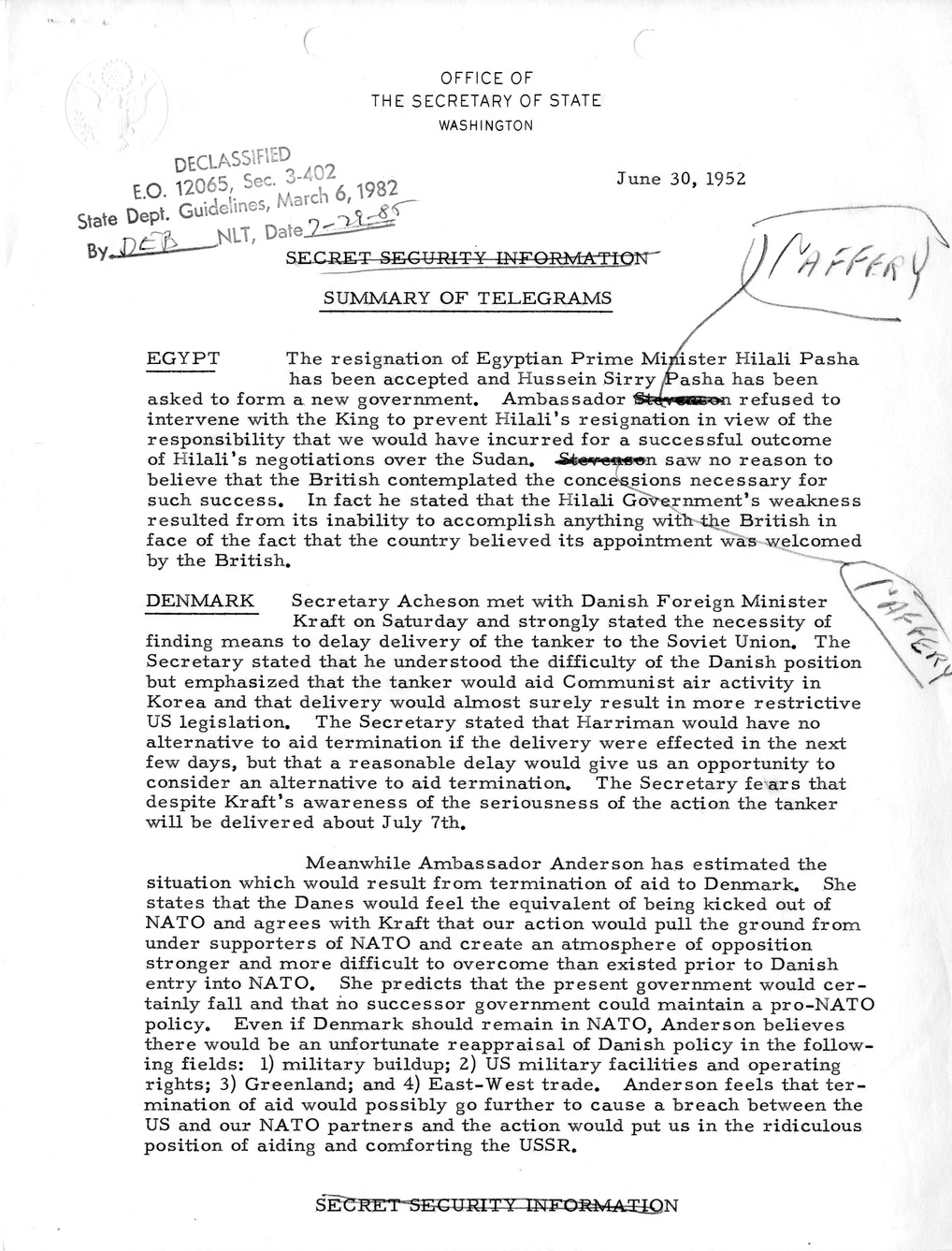 Memorandum, State Department Summary of Telegrams