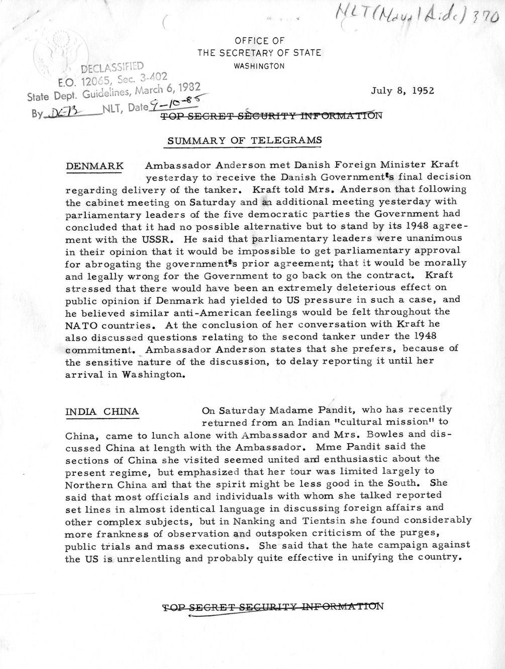 Memorandum, State Department Summary of Telegrams