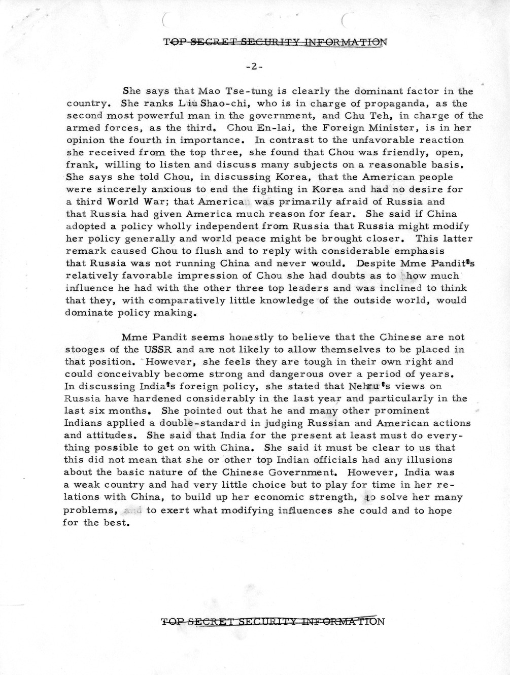 Memorandum, State Department Summary of Telegrams