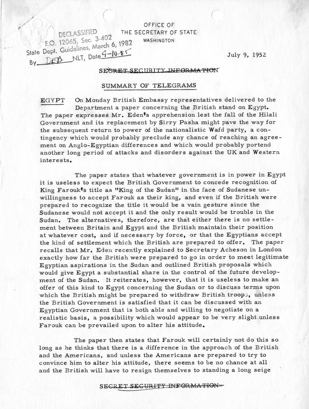 Memorandum, State Department Summary of Telegrams