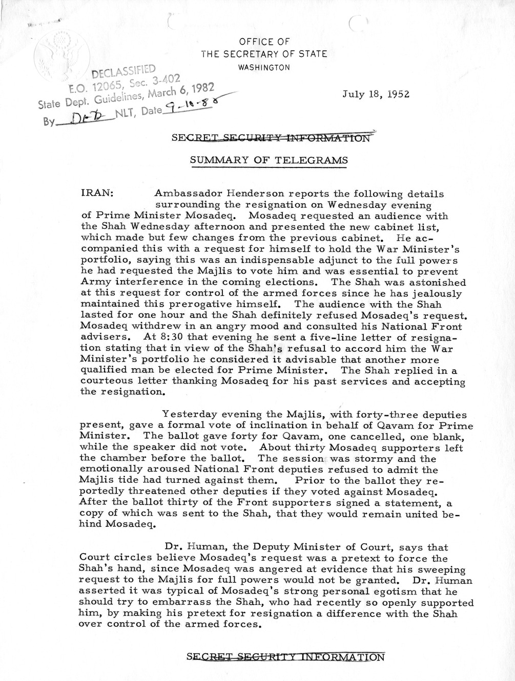 Memorandum, State Department Summary of Telegrams