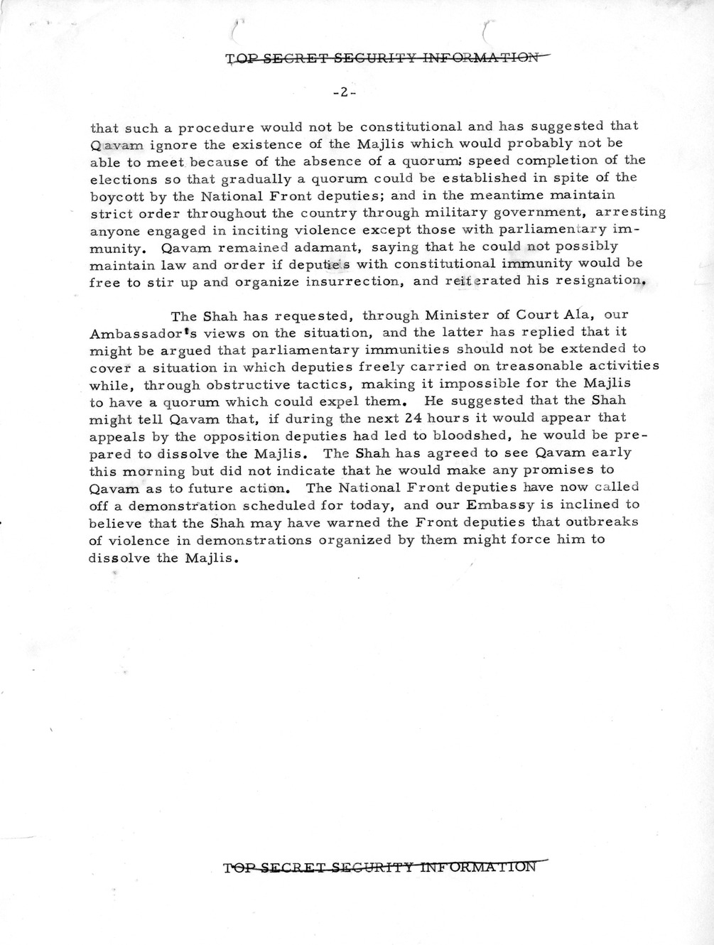 Memorandum, State Department Summary of Telegrams