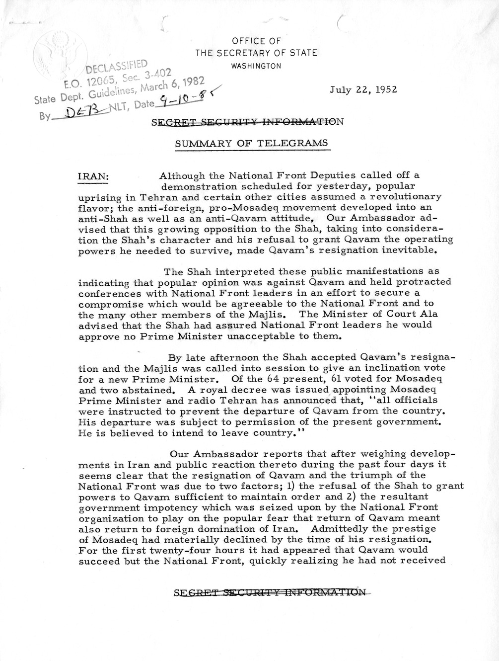 Memorandum, State Department Summary of Telegrams