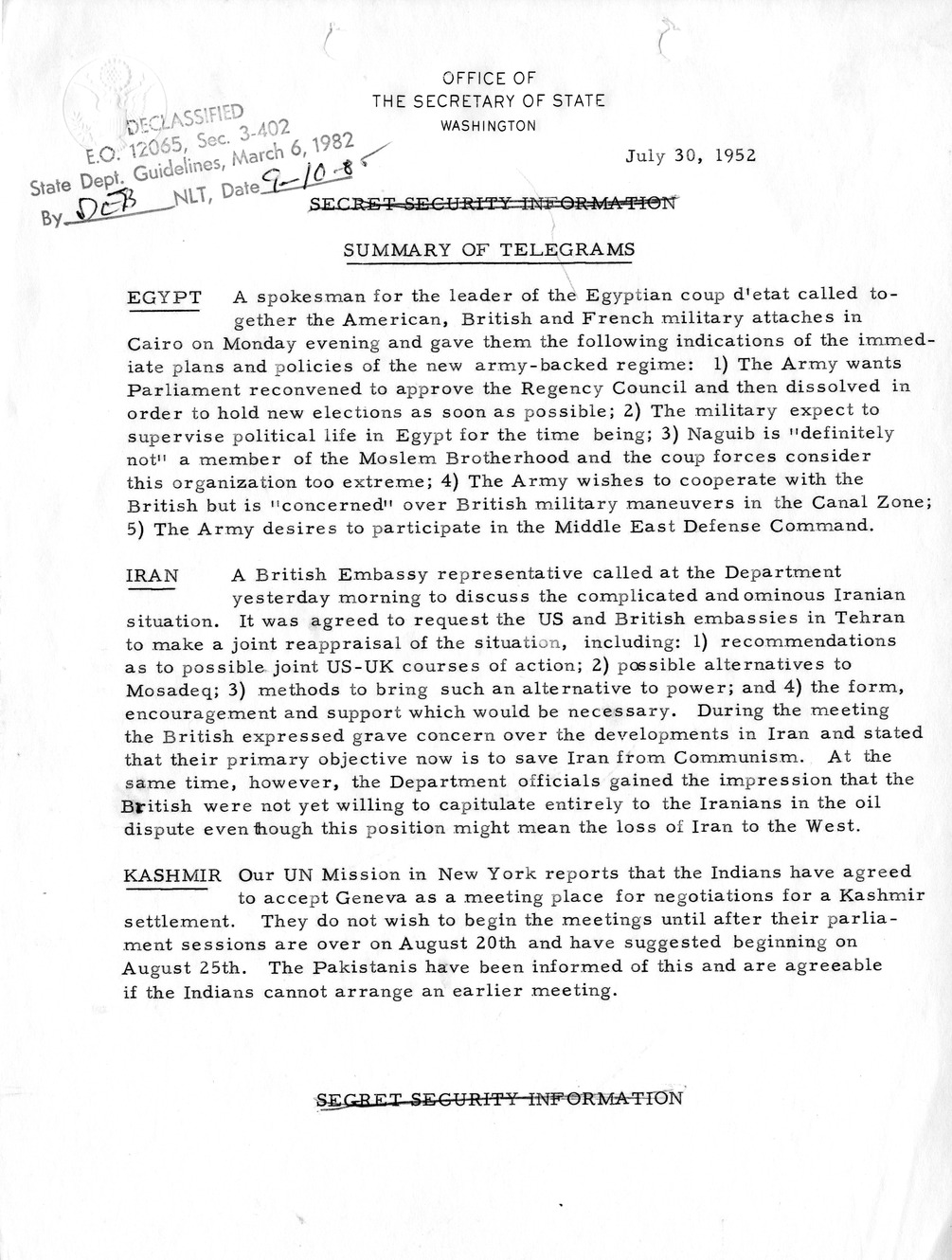 Memorandum, State Department Summary of Telegrams