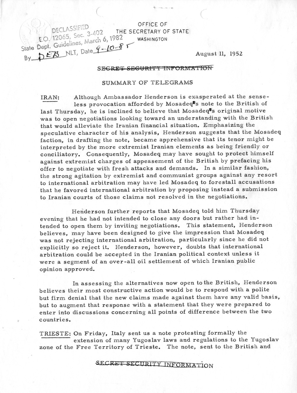 Memorandum, State Department Summary of Telegrams