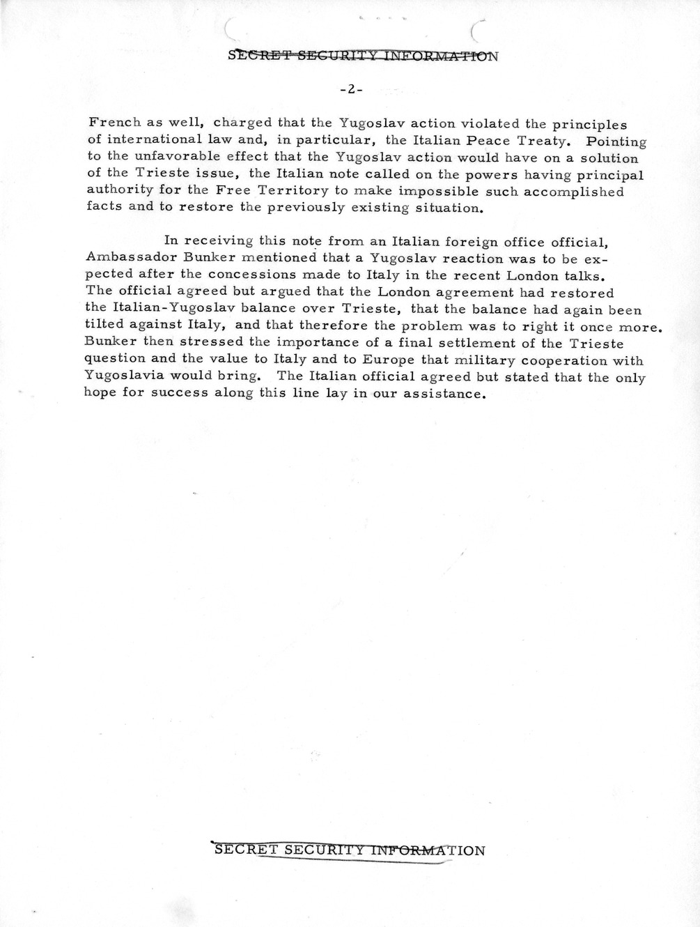 Memorandum, State Department Summary of Telegrams