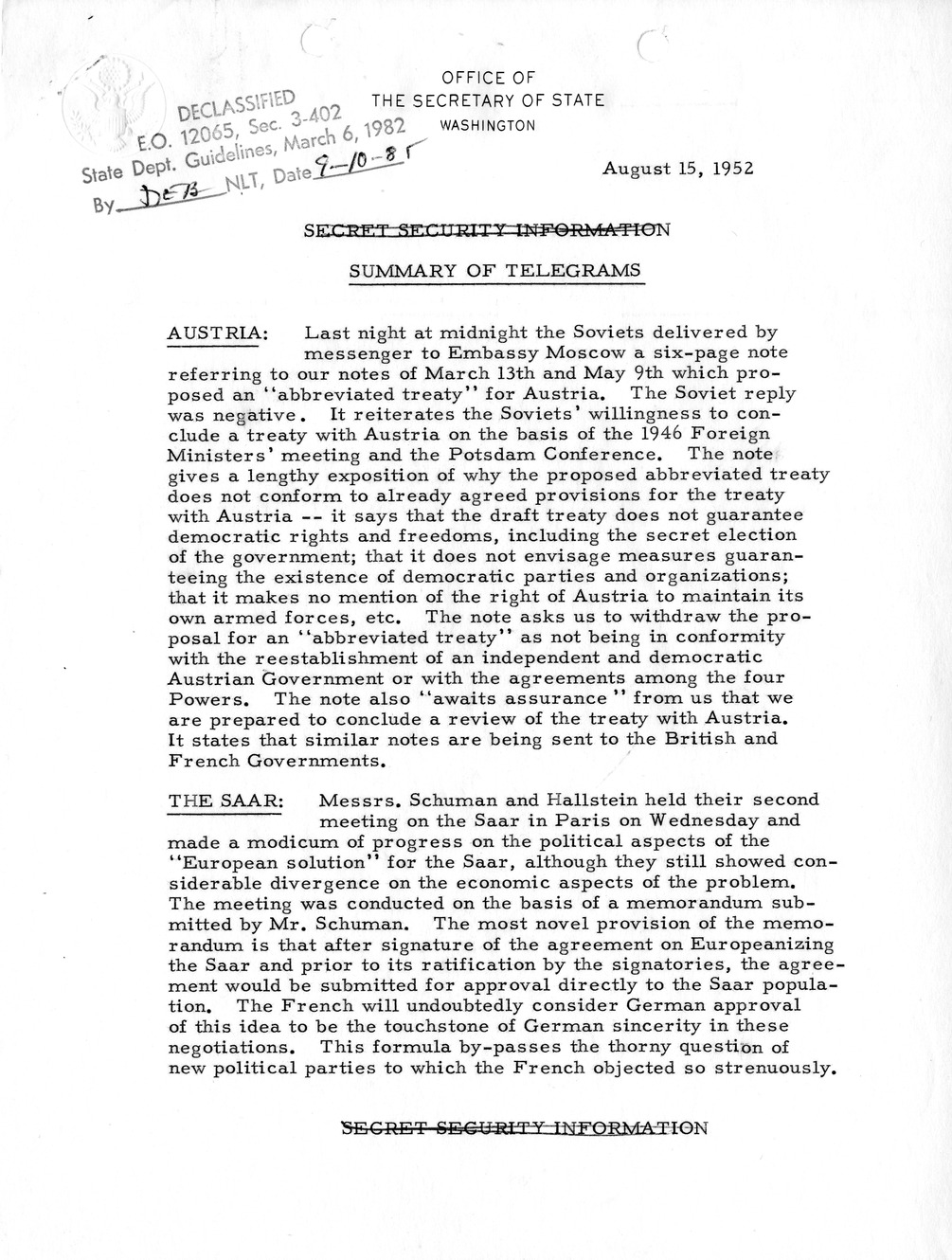 Memorandum, State Department Summary of Telegrams