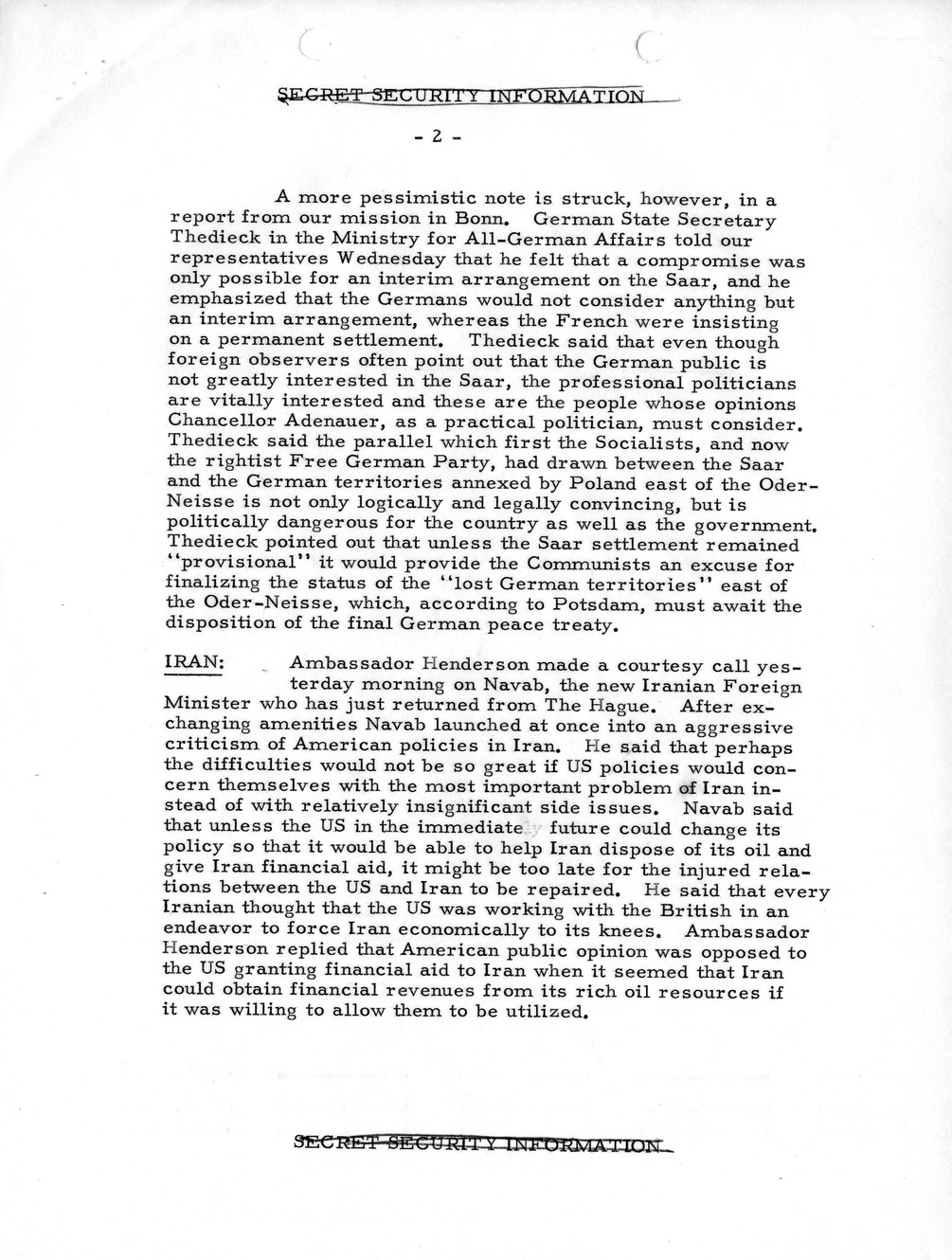 Memorandum, State Department Summary of Telegrams