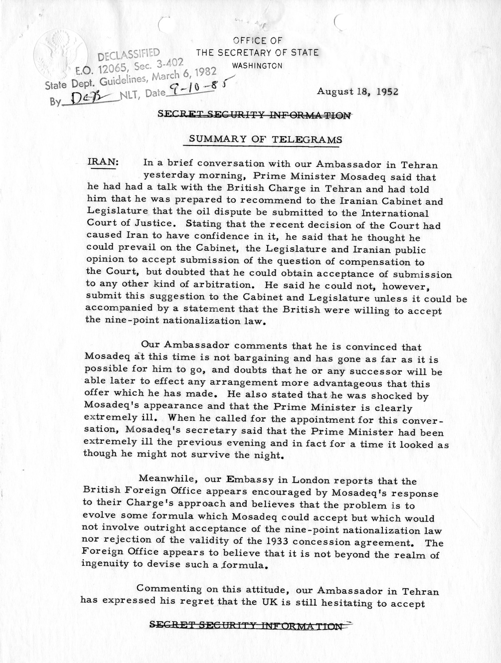 Memorandum, State Department Summary of Telegrams