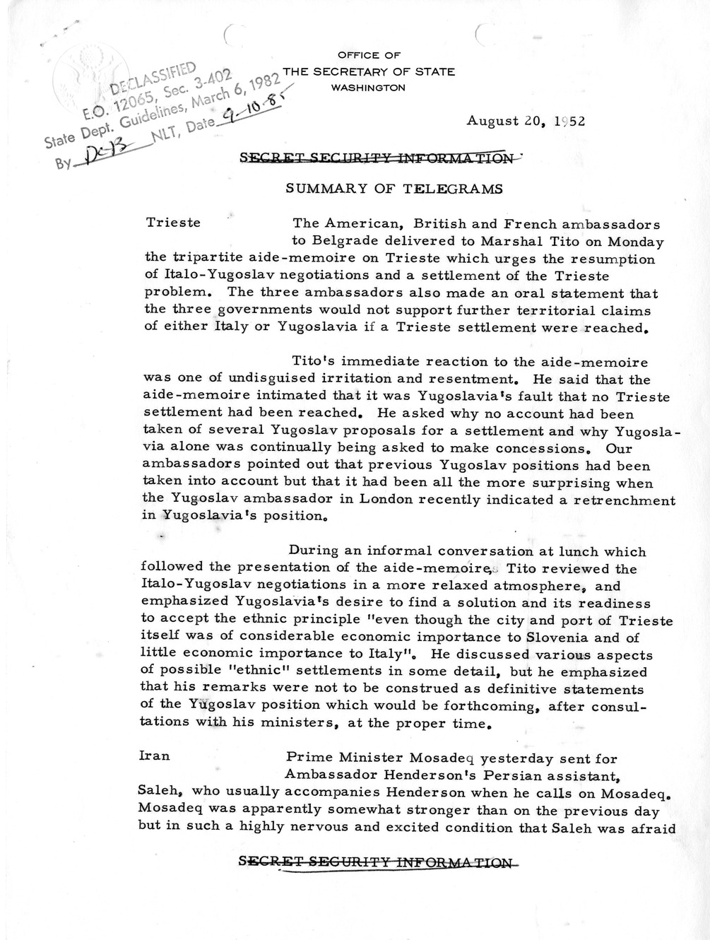 Memorandum, State Department Summary of Telegrams