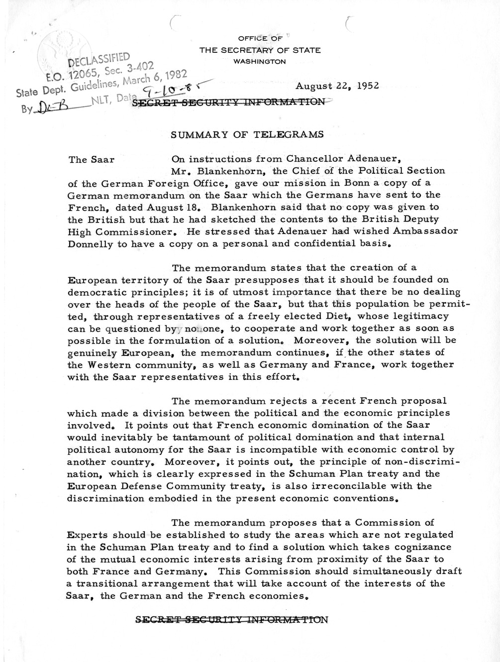 Memorandum, State Department Summary of Telegrams