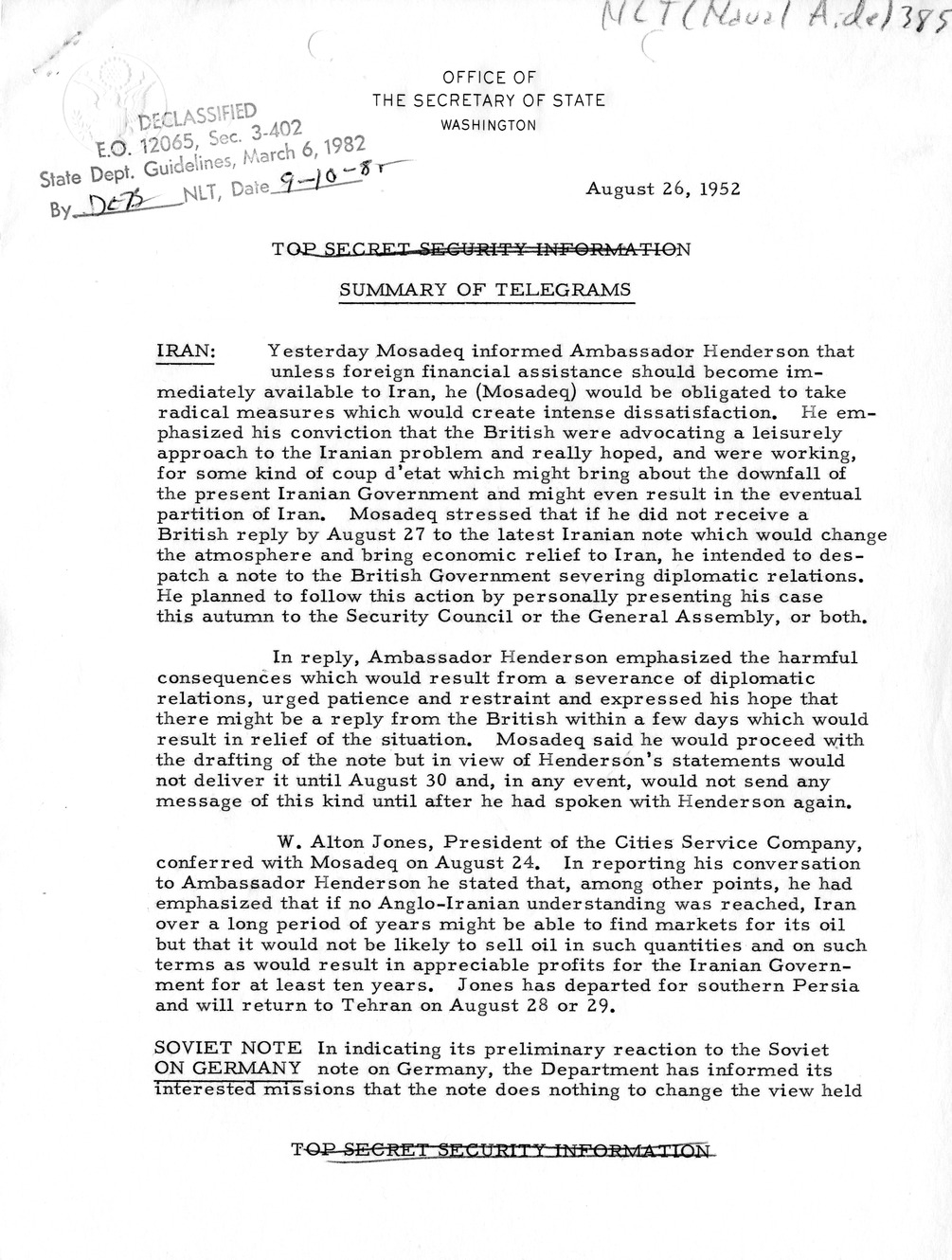 Memorandum, State Department Summary of Telegrams