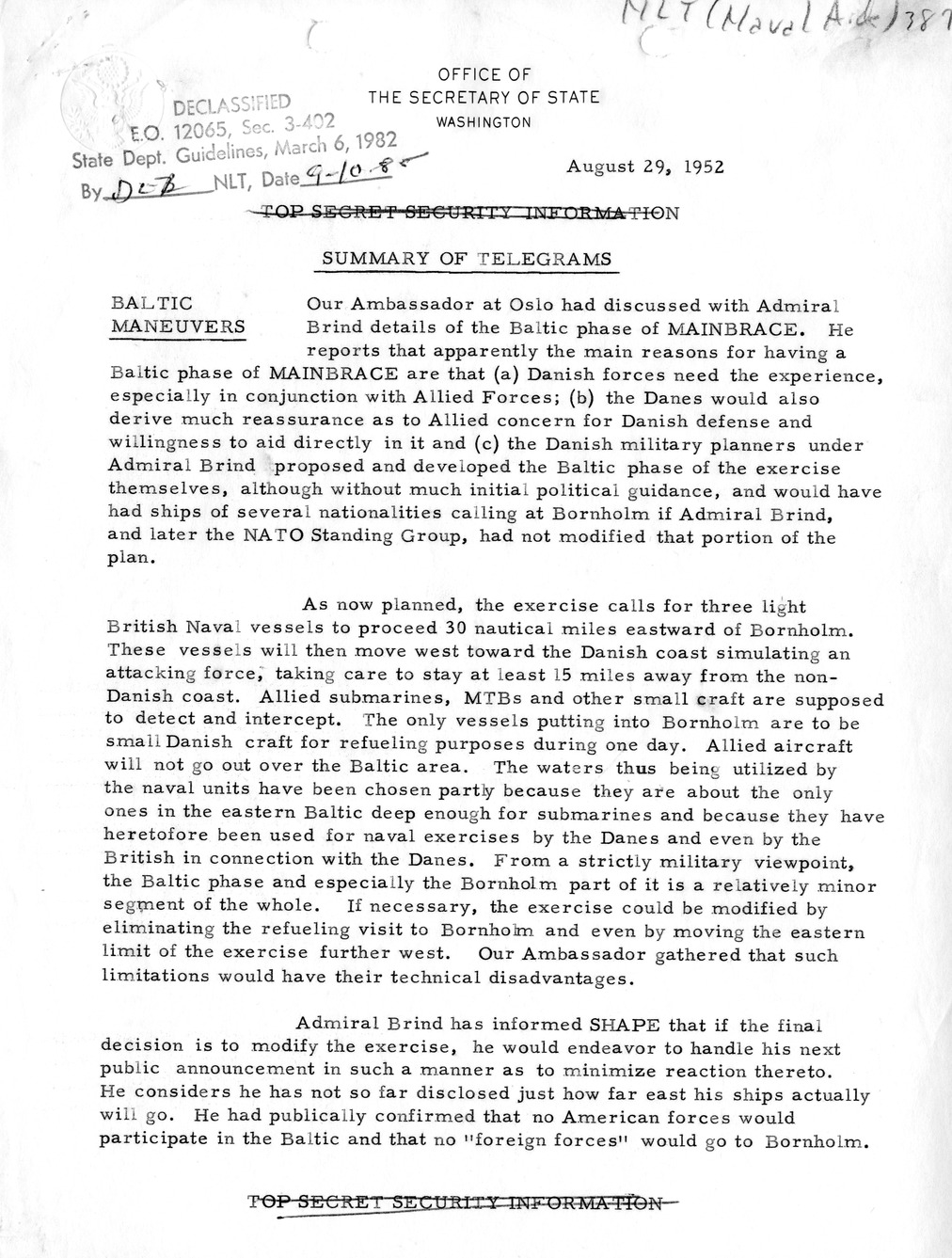 Memorandum, State Department Summary of Telegrams