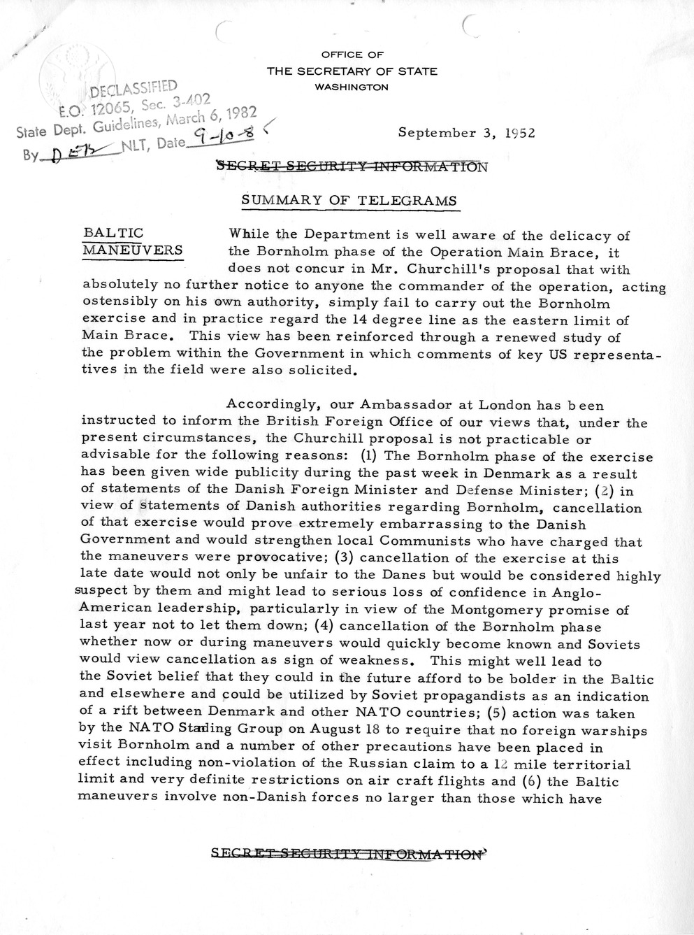 Memorandum, State Department Summary of Telegrams