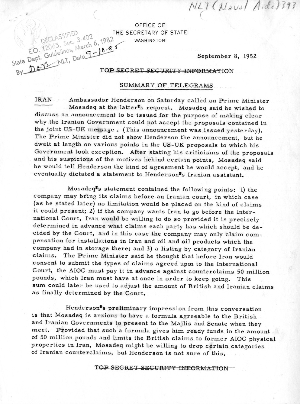 Memorandum, State Department Summary of Telegrams