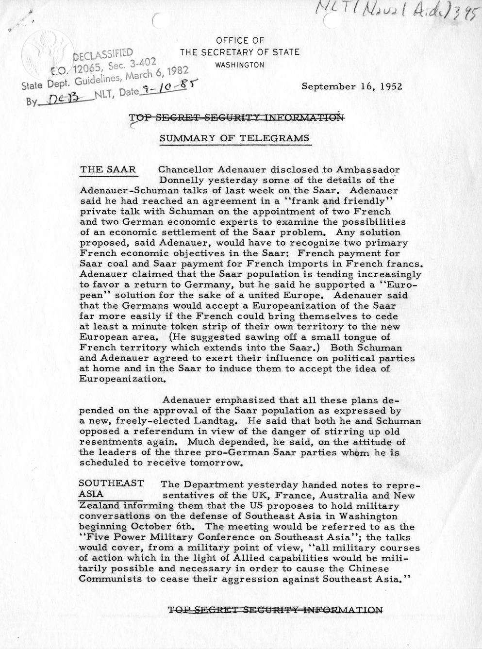 Memorandum, State Department Summary of Telegrams