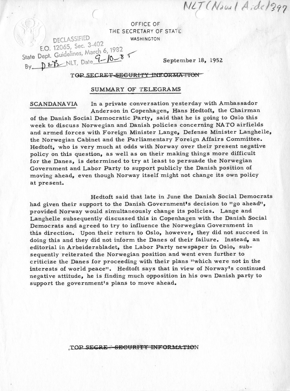 Memorandum, State Department Summary of Telegrams