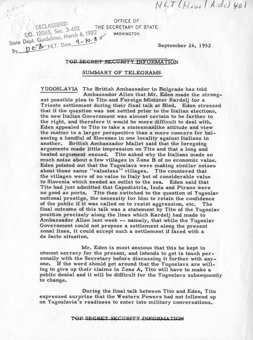 Memorandum, State Department - Summary of Telegrams