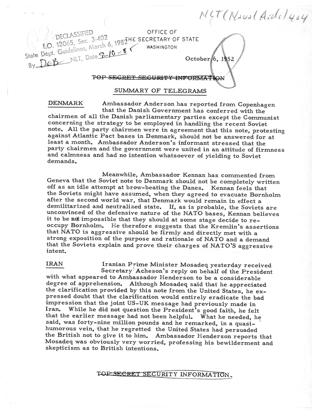 Memorandum, State Department Summary of Telegrams