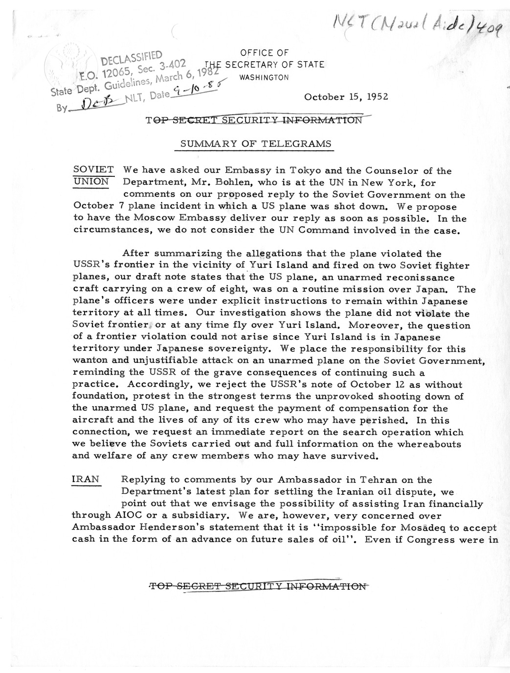 Memorandum, State Department Summary of Telegrams