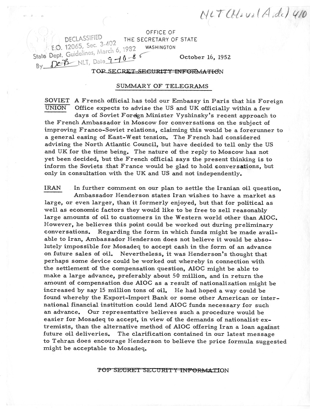 Memorandum, State Department Summary of Telegrams