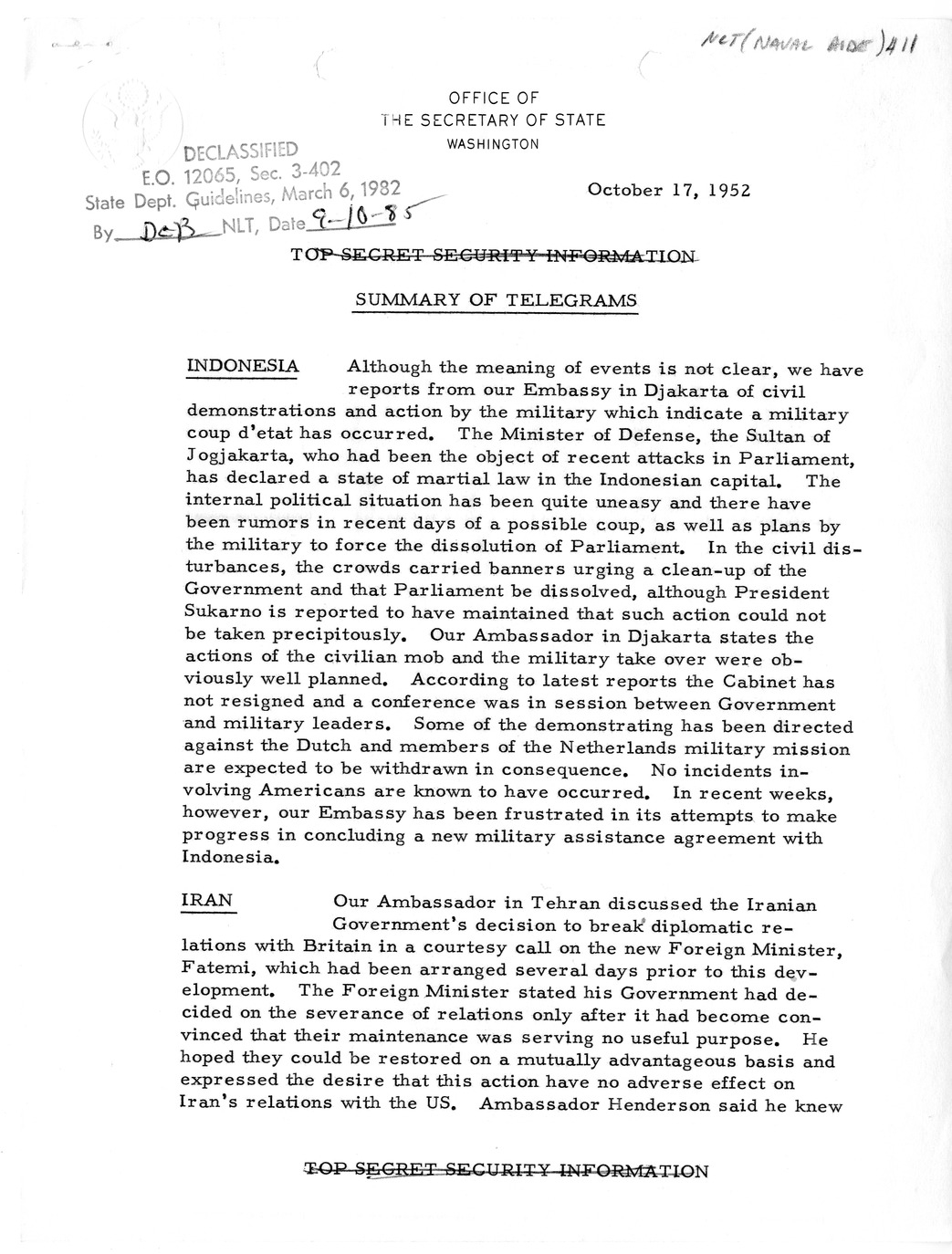 Memorandum, State Department Summary of Telegrams