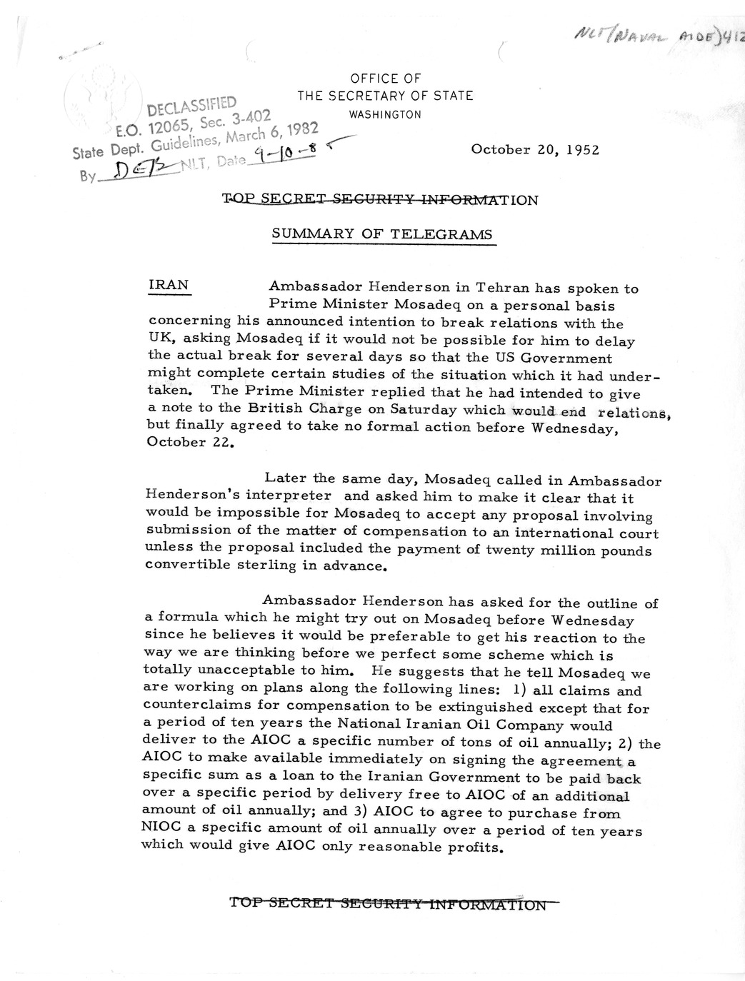 Memorandum, State Department Summary of Telegrams