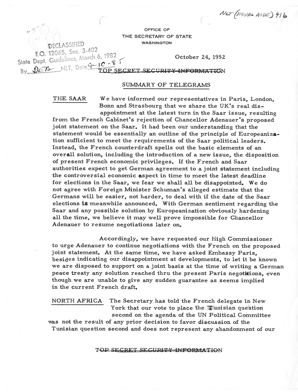 Memorandum, State Department Summary of Telegrams