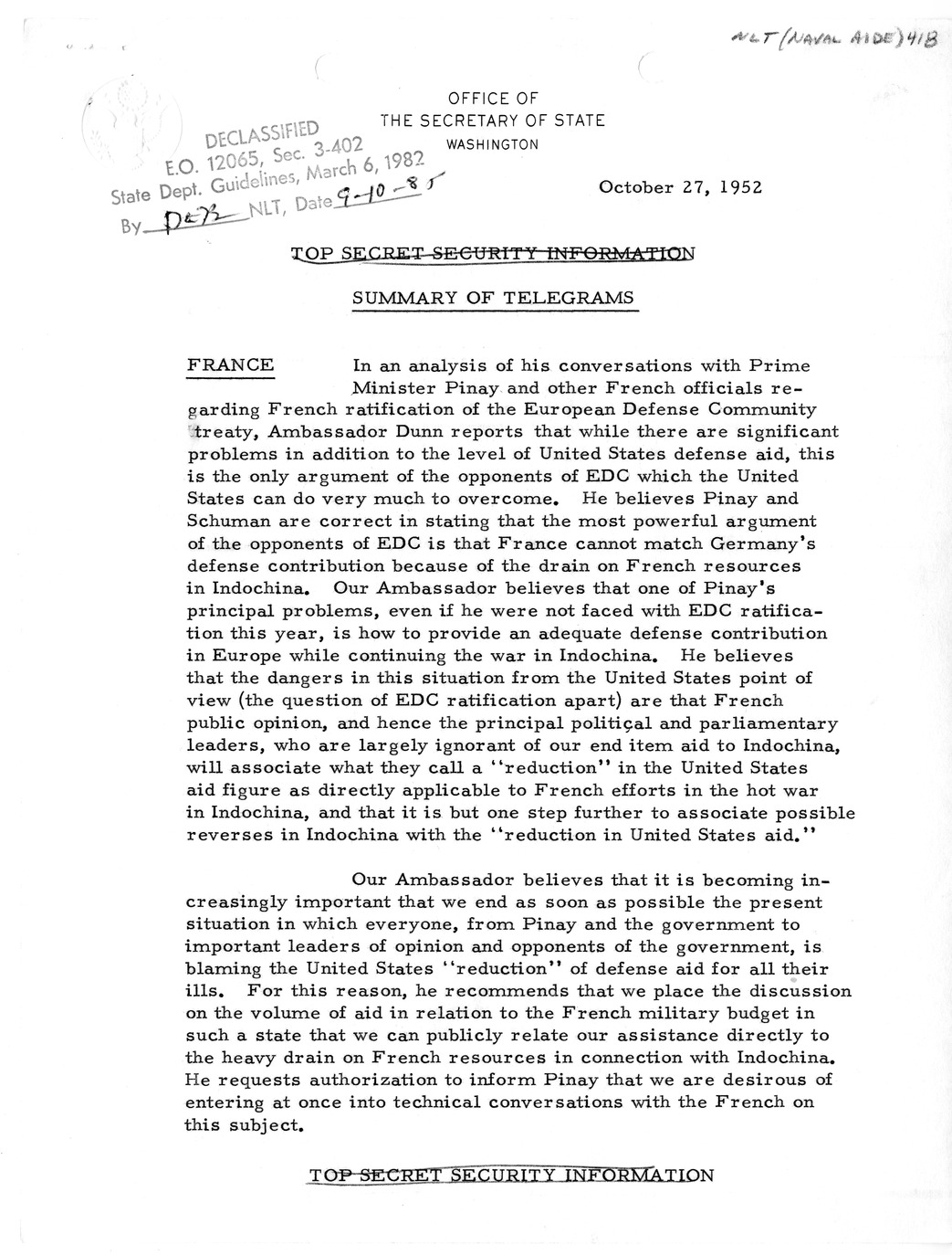 Memorandum, State Department Summary of Telegrams