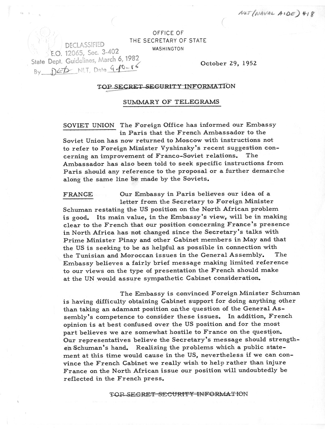 Memorandum, State Department Summary of Telegrams