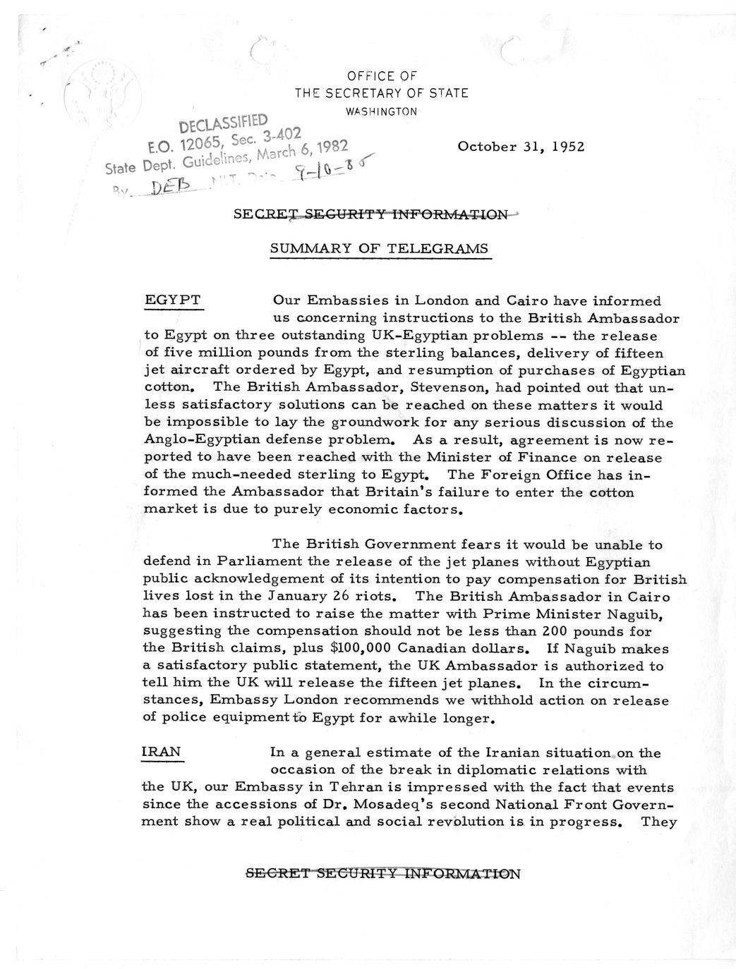 Memorandum, State Department Summary of Telegrams