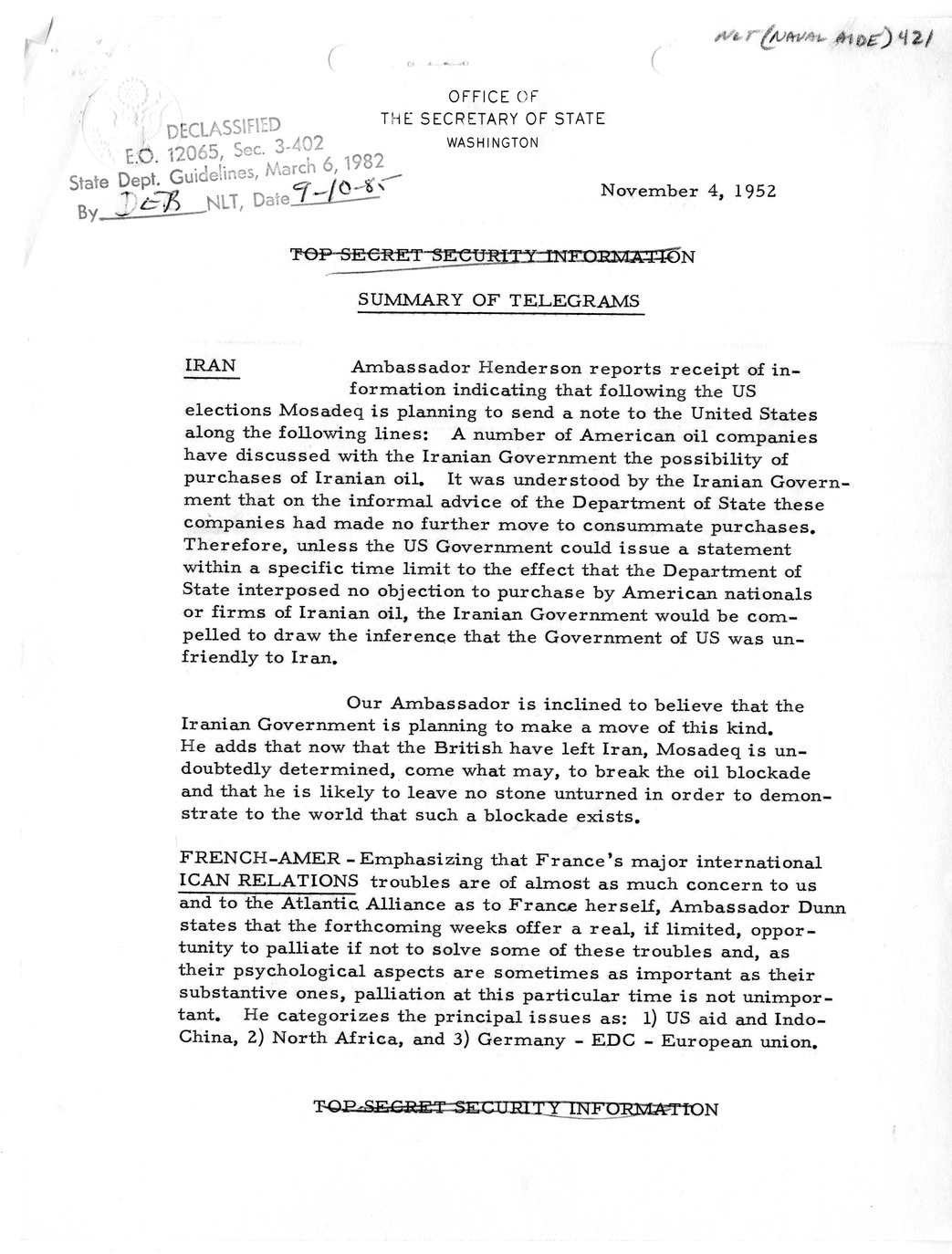 Memorandum, State Department Summary of Telegrams